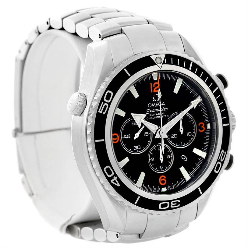 This Omega Planet Ocean 2210.51.00 Men's Stainless Steel Black Dial 2210.51.00 Men's Stainless Steel Black Dial watch is shown at a slight angle, highlighting its face, bezel, and stainless steel bracelet.