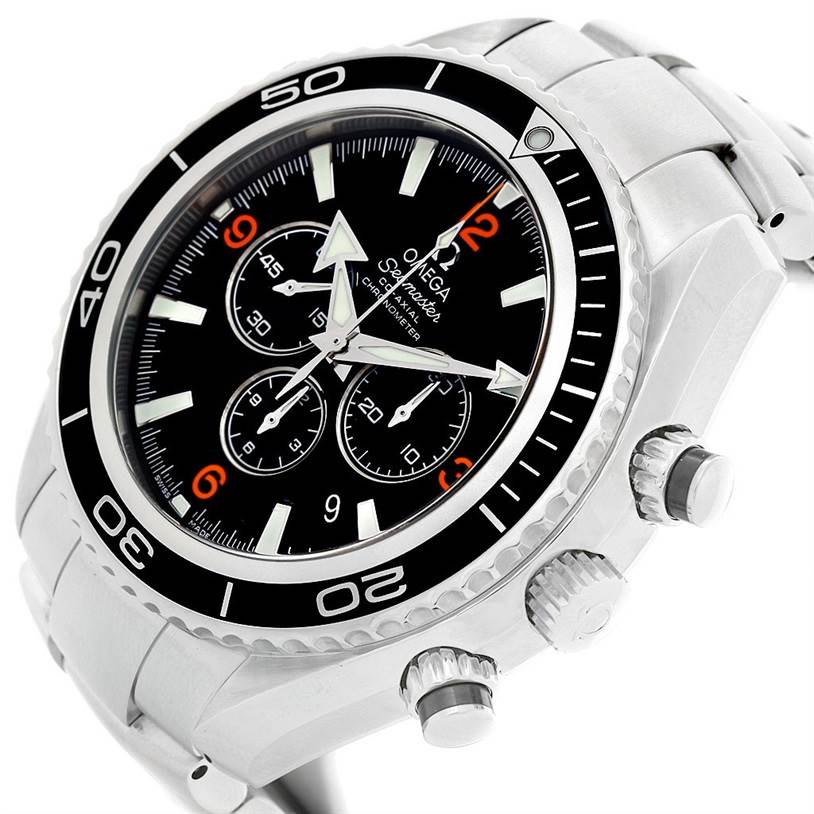 This image shows a close-up view of the Omega Planet Ocean 2210.51.00 Men's Stainless Steel Black Dial 2210.51.00 Men's Stainless Steel Black Dial watch, highlighting its bezel, dial, and chronograph pushers.