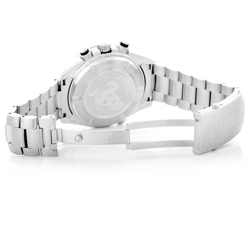 The image shows a rear view of the Omega Planet Ocean 2210.51.00 Men's Stainless Steel Black Dial 2210.51.00 Men's Stainless Steel Black Dial watch, highlighting its open stainless steel bracelet and clasp.