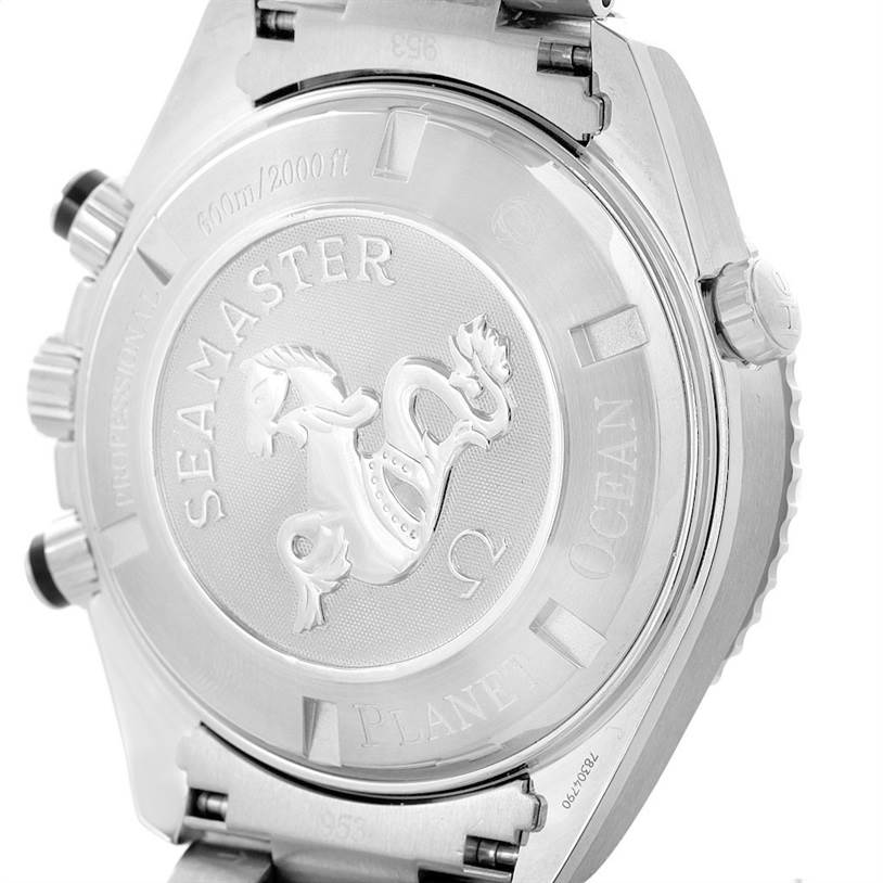 The image shows the back case of an Omega Seamaster Planet Ocean watch, featuring the seahorse emblem and model inscriptions.