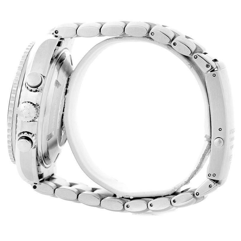 The image shows a side view of the Omega Planet Ocean 2210.51.00 Men's Stainless Steel Black Dial 2210.51.00 Men's Stainless Steel Black Dial watch, highlighting the case, bracelet, and adjustment buttons.