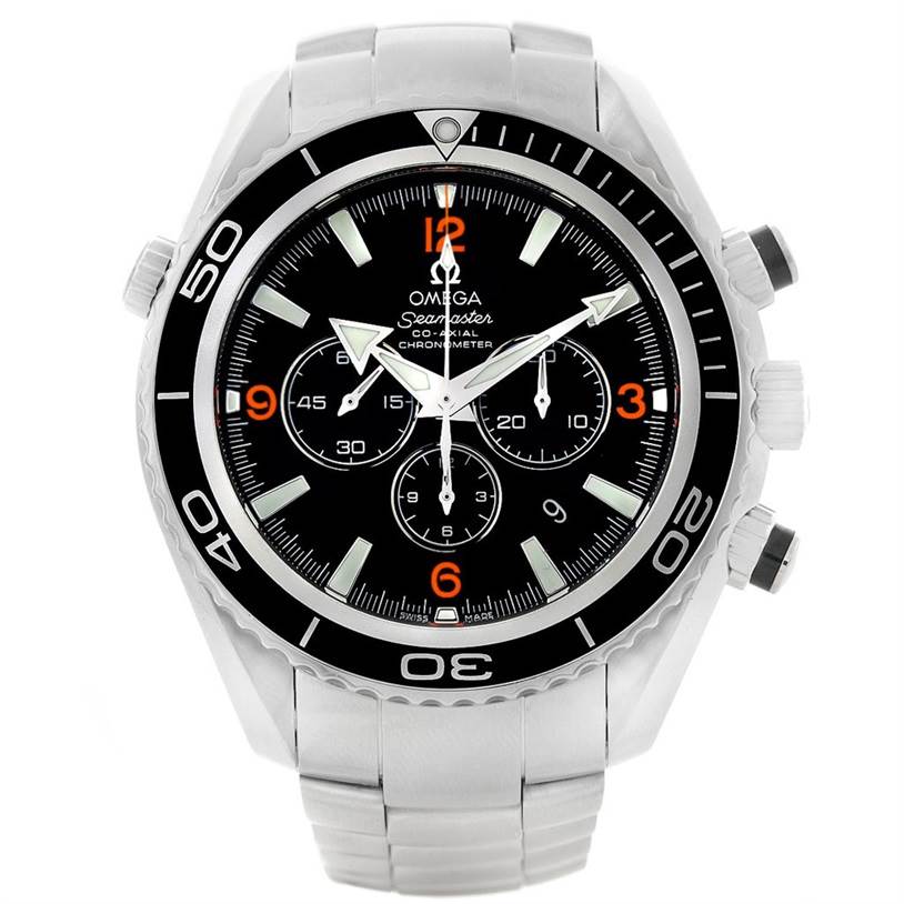The image shows a front view of the Omega Planet Ocean 2210.51.00 Men's Stainless Steel Black Dial 2210.51.00 Men's Stainless Steel Black Dial Seamaster watch, highlighting its black dial, chronograph subdials, and silver bracelet.