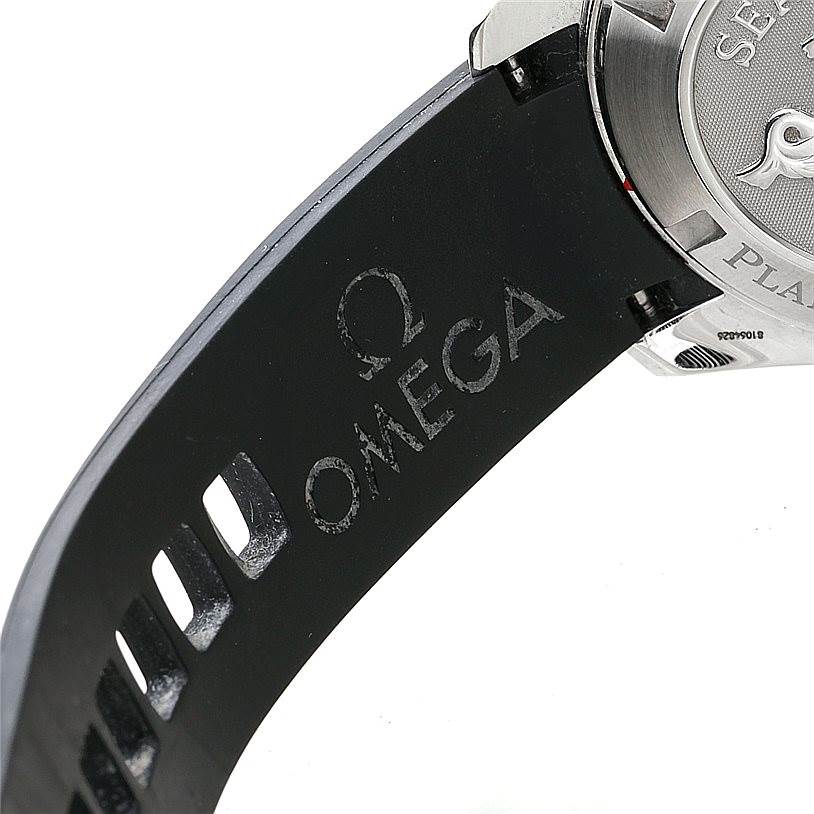 The image shows the back of the Omega Planet Ocean 2909.50.91 Men
s Stainless Steel Black Dial 2909.50.91 Men
s Stainless Steel Black Dial watch and a portion of its black strap.