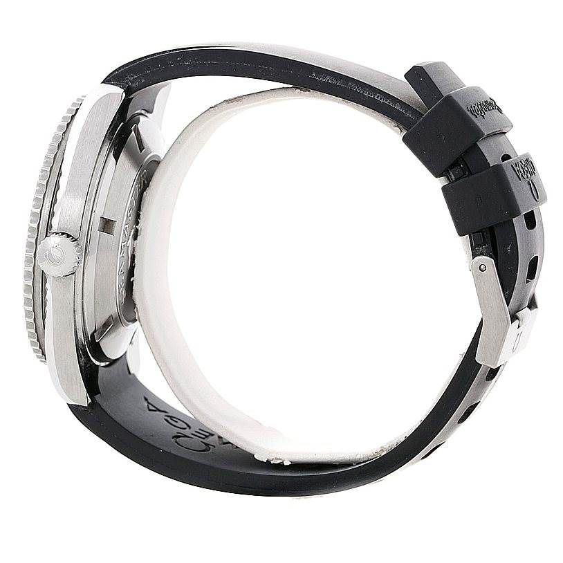 The image shows a side view of the Omega Planet Ocean 2909.50.91 Men
s Stainless Steel Black Dial 2909.50.91 Men
s Stainless Steel Black Dial watch, focusing on the case, crown, and black rubber strap.