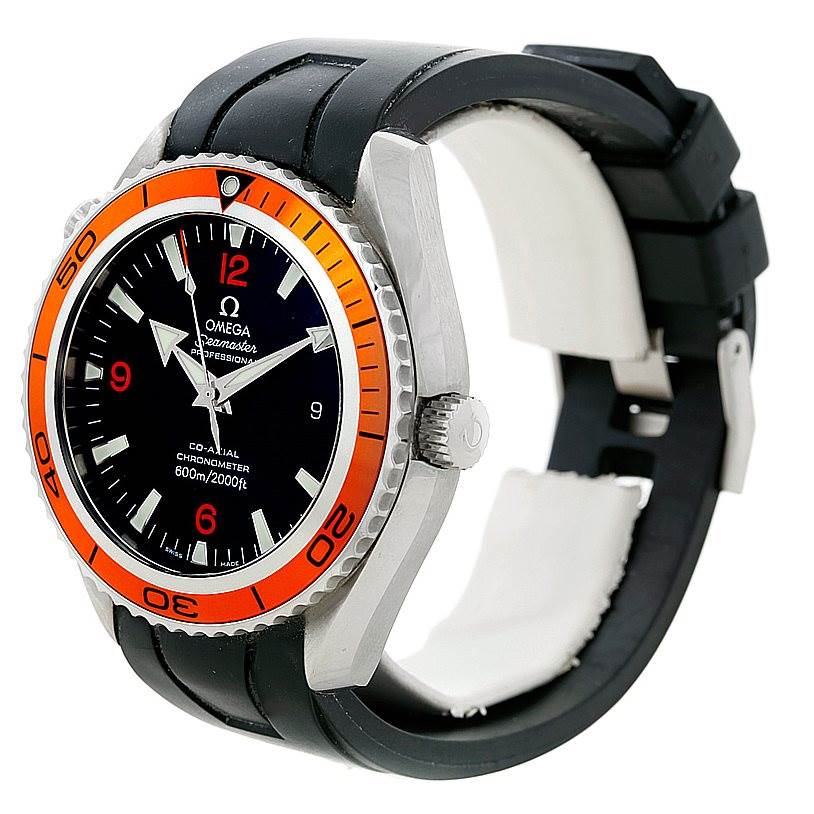 The image shows an Omega Planet Ocean 2909.50.91 Men
s Stainless Steel Black Dial 2909.50.91 Men
s Stainless Steel Black Dial watch featuring an orange bezel, black dial, and black strap at a side angle.