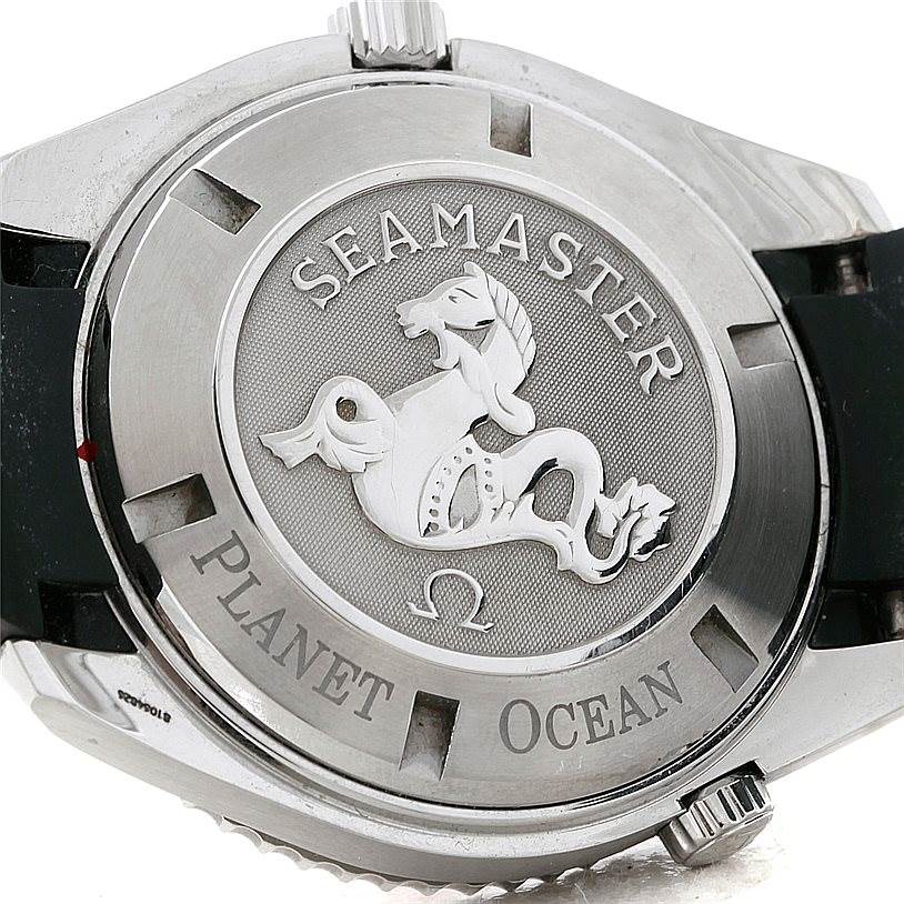 The image shows the case back of an Omega Planet Ocean 2909.50.91 Men
s Stainless Steel Black Dial 2909.50.91 Men
s Stainless Steel Black Dial model, featuring the Seamaster logo and branding.