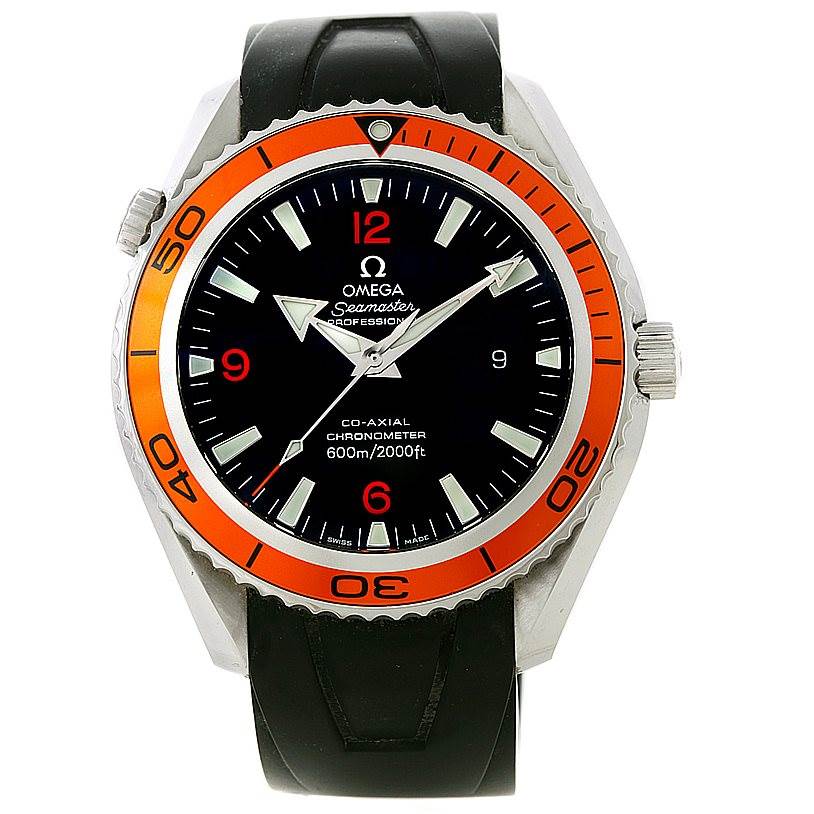 The image shows a front view of the Omega Planet Ocean 2909.50.91 Men
s Stainless Steel Black Dial 2909.50.91 Men
s Stainless Steel Black Dial watch, highlighting the face, bezel, and strap.