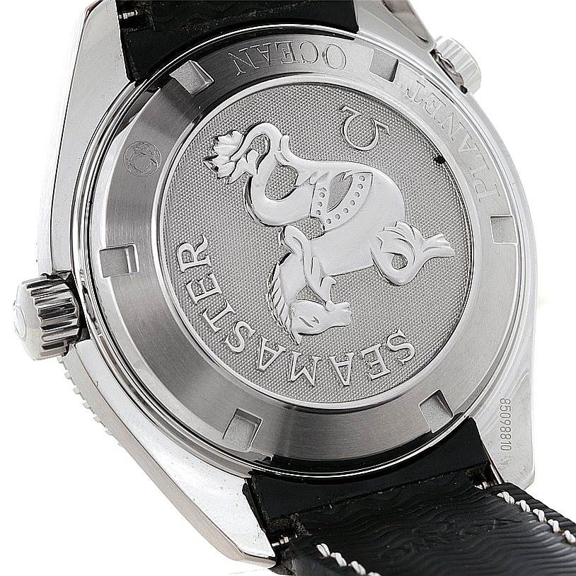 The image shows the back case of an Omega Planet Ocean 2901.50.81 Men
s Stainless Steel Black Dial 2901.50.81 Men
s Stainless Steel Black Dial watch, displaying the Seamaster logo and detailing.