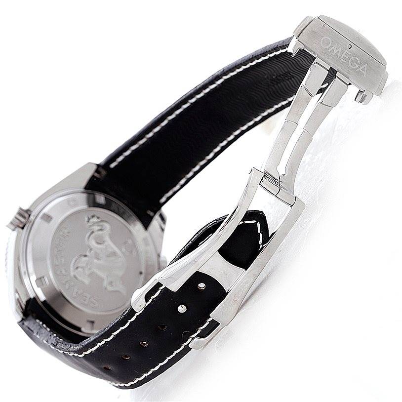 The image shows the underside and clasp of an Omega Planet Ocean 2901.50.81 Men
s Stainless Steel Black Dial 2901.50.81 Men
s Stainless Steel Black Dial watch, highlighting the leather strap and engraved case back.