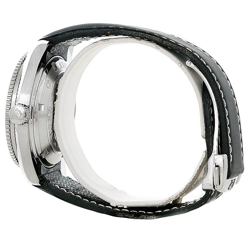 This image shows the side view of an Omega Planet Ocean 2901.50.81 Men
s Stainless Steel Black Dial 2901.50.81 Men
s Stainless Steel Black Dial watch, highlighting its case, crown, and black leather strap.