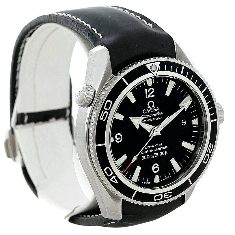 The Omega Planet Ocean 2901.50.81 Men
s Stainless Steel Black Dial 2901.50.81 Men
s Stainless Steel Black Dial watch is shown at a slight side angle, displaying the bezel, crown, dial, and strap.