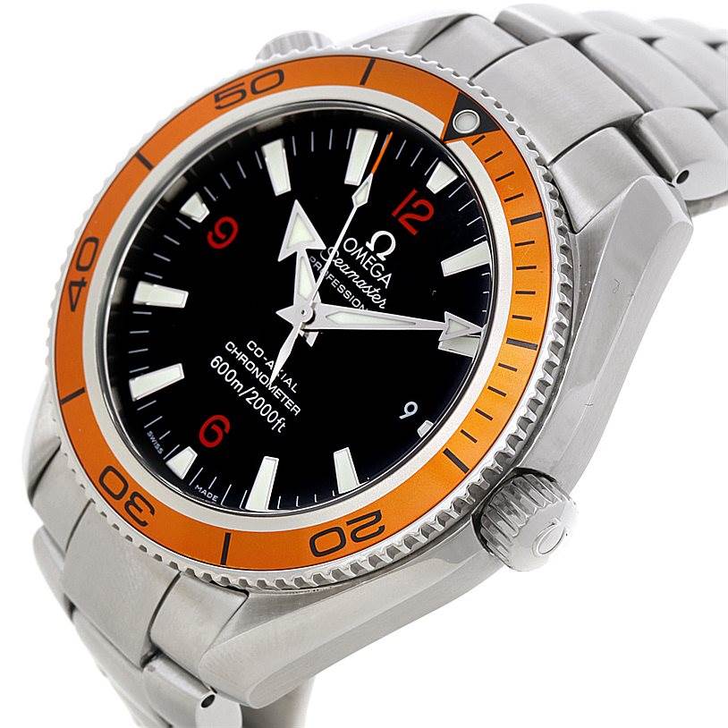 The image shows an angled view of the Omega Planet Ocean 2209.50.00 Men
s Stainless Steel Black Dial 2209.50.00 Men
s Stainless Steel Black Dial watch, highlighting the face, bezel, and stainless steel bracelet.