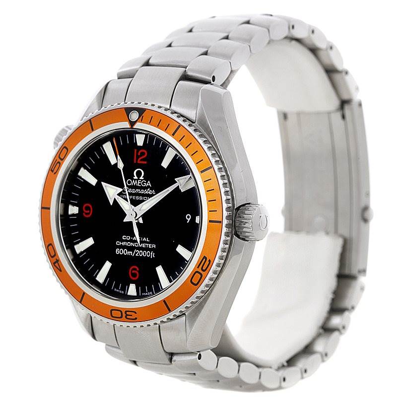 This Omega Planet Ocean 2209.50.00 Men
s Stainless Steel Black Dial 2209.50.00 Men
s Stainless Steel Black Dial watch is shown at a three-quarter angle, displaying its face, bezel, crown, and bracelet.