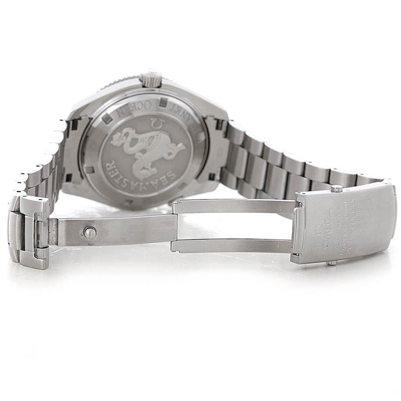 This image shows the stainless steel case back and open clasp of the Omega Planet Ocean 2209.50.00 Men
s Stainless Steel Black Dial 2209.50.00 Men
s Stainless Steel Black Dial watch from a rear angle.