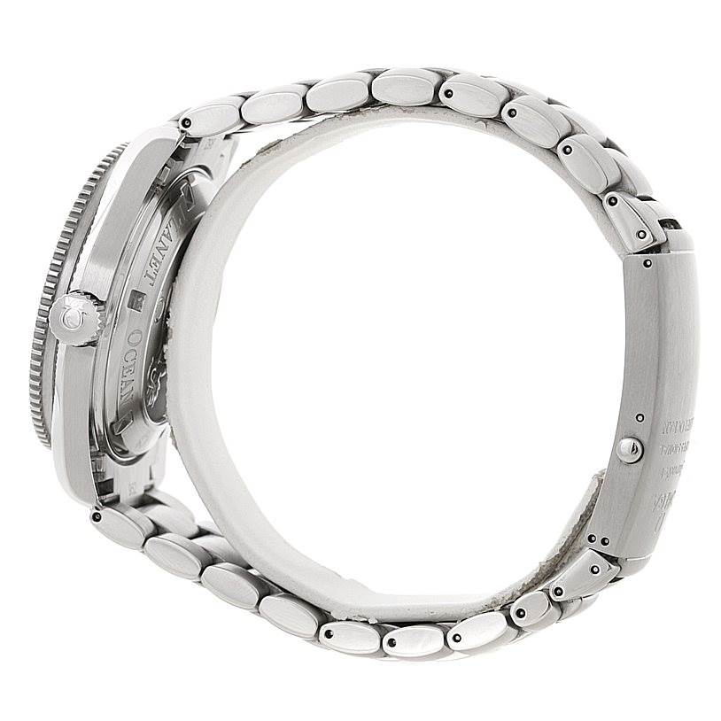 The image shows a side view of the case and stainless steel bracelet of an Omega Planet Ocean 2209.50.00 Men
s Stainless Steel Black Dial 2209.50.00 Men
s Stainless Steel Black Dial watch.