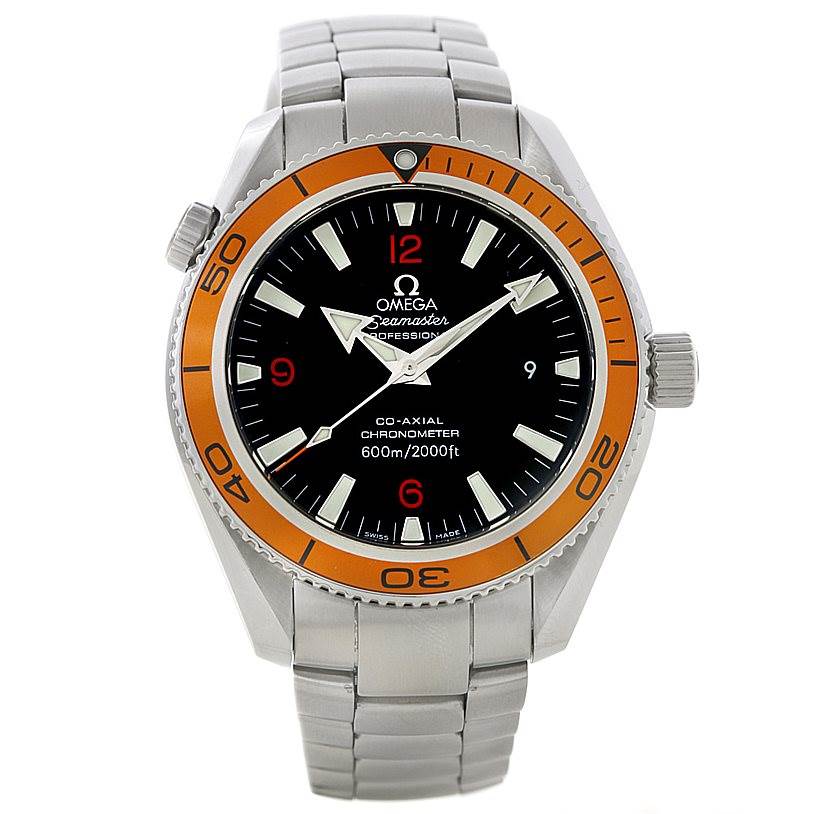 The image shows the Omega Planet Ocean 2209.50.00 Men
s Stainless Steel Black Dial 2209.50.00 Men
s Stainless Steel Black Dial watch from a front angle, highlighting its face, bezel, and bracelet.