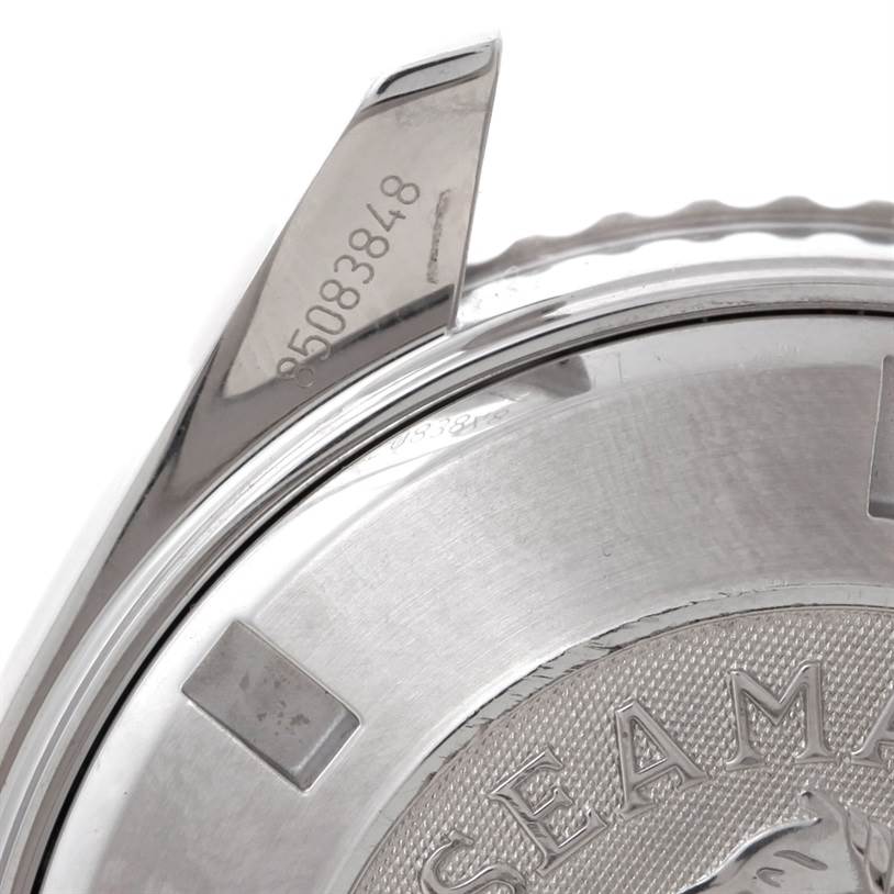 The image shows a close-up of the case back and one lug of the Omega Planet Ocean 2200.51.00 Men
s Stainless Steel Black Dial 2200.51.00 Men
s Stainless Steel Black Dial Seamaster watch.