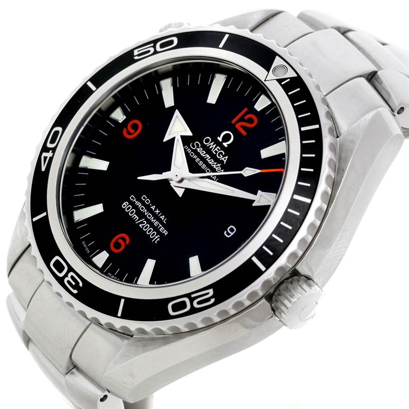 The image shows an Omega Planet Ocean 2200.51.00 Men
s Stainless Steel Black Dial 2200.51.00 Men
s Stainless Steel Black Dial watch angled slightly from the right, highlighting the face, bezel, and bracelet.