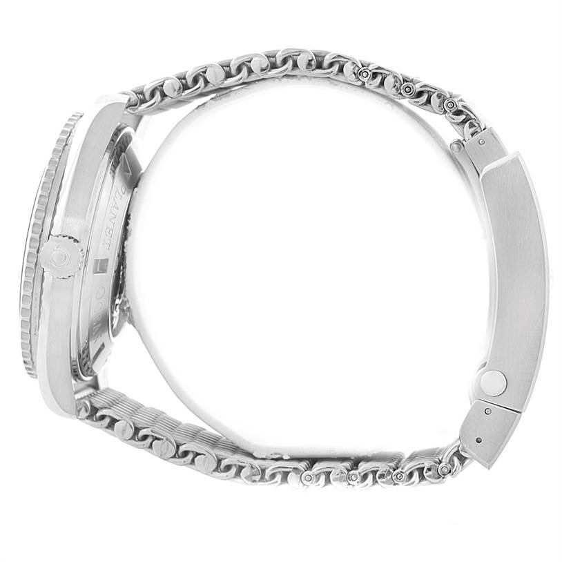 The image shows a side view of the Omega Planet Ocean 2200.50.00 Men's Stainless Steel Black Dial 2200.50.00 Men's Stainless Steel Black Dial watch, displaying its case, crown, and stainless steel bracelet.