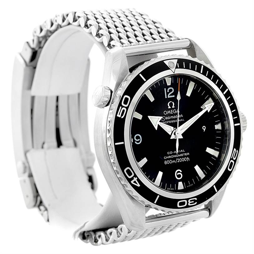 The image shows an Omega Planet Ocean 2200.50.00 Men's Stainless Steel Black Dial 2200.50.00 Men's Stainless Steel Black Dial model at a three-quarter angle, highlighting the watch face, bezel, and metal mesh bracelet.