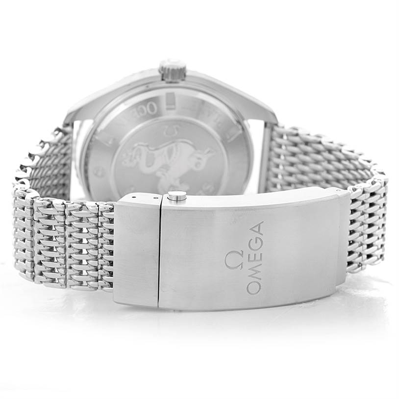 This image of the Omega Planet Ocean 2200.50.00 Men's Stainless Steel Black Dial 2200.50.00 Men's Stainless Steel Black Dial watch shows the rear case, clasp, and metal bracelet of the timepiece.