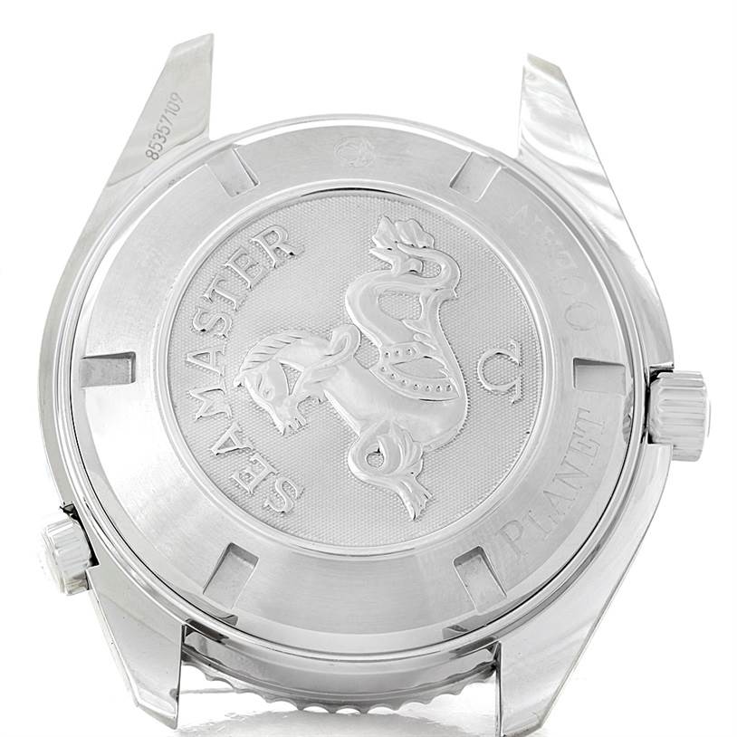 This image shows the back case of the Omega Planet Ocean 2200.50.00 Men's Stainless Steel Black Dial 2200.50.00 Men's Stainless Steel Black Dial watch, highlighting the Seamasters engraving and markings.