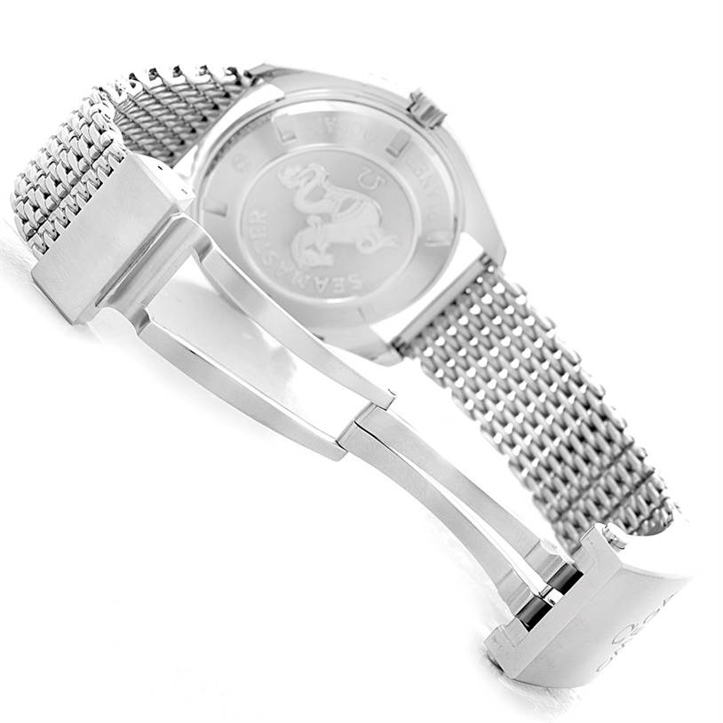 The image shows the back and clasp of an Omega Planet Ocean 2200.50.00 Men's Stainless Steel Black Dial 2200.50.00 Men's Stainless Steel Black Dial watch with a metal mesh bracelet.