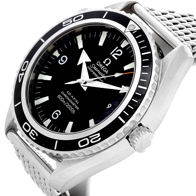 The Omega Planet Ocean 2200.50.00 Men's Stainless Steel Black Dial 2200.50.00 Men's Stainless Steel Black Dial watch is shown from an angled perspective featuring its dial, bezel, crown, and mesh bracelet.