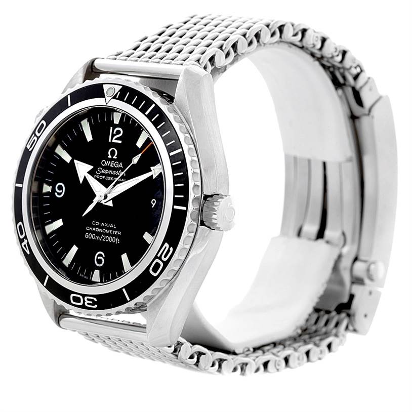 The image shows a side angle of the Omega Planet Ocean 2200.50.00 Men's Stainless Steel Black Dial 2200.50.00 Men's Stainless Steel Black Dial watch, highlighting the dial, bezel, crown, and metal mesh bracelet.