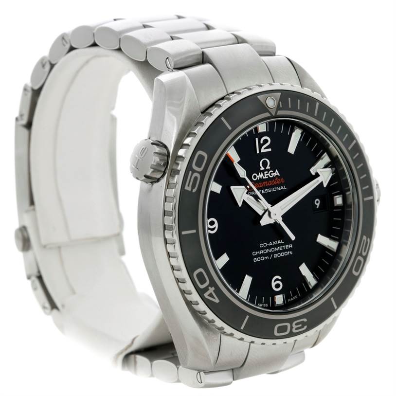 The image shows an Omega Planet Ocean 232.30.46.21.01.003 Men
s Stainless Steel Black Dial 232.30.46.21.01.003 Men
s Stainless Steel Black Dial watch from a three-quarter angle displaying its bezel, dial, crown, and bracelet.
