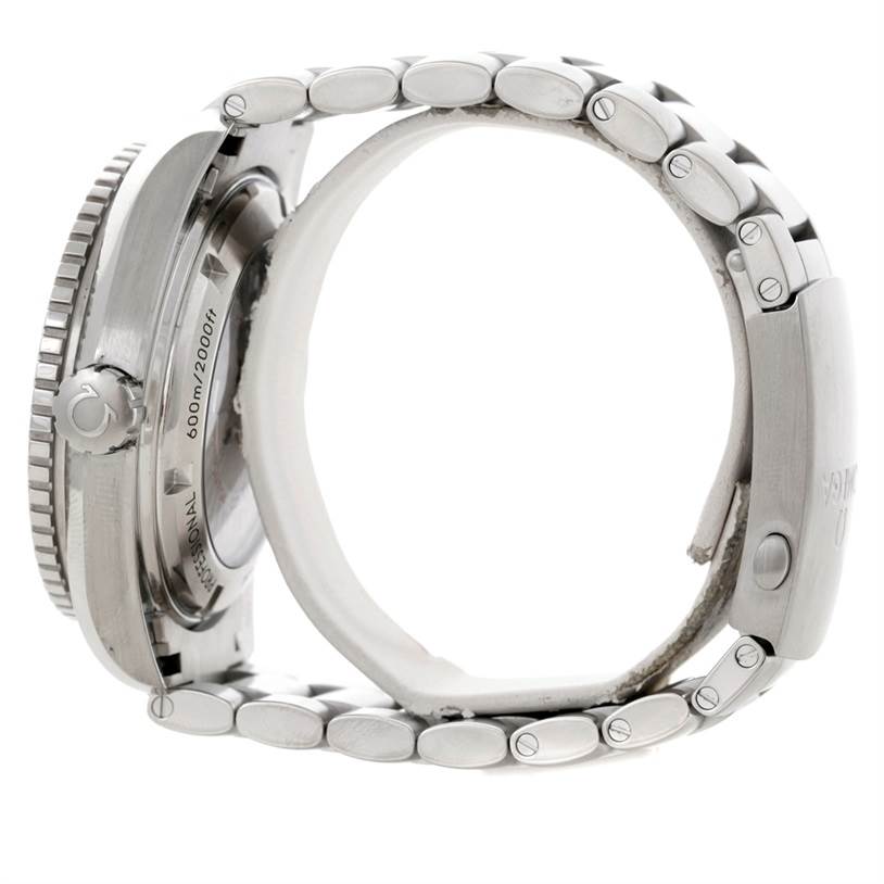 This is a side view of the Omega Planet Ocean 232.30.46.21.01.003 Men
s Stainless Steel Black Dial 232.30.46.21.01.003 Men
s Stainless Steel Black Dial watch, showing the case, crown, and metal bracelet.