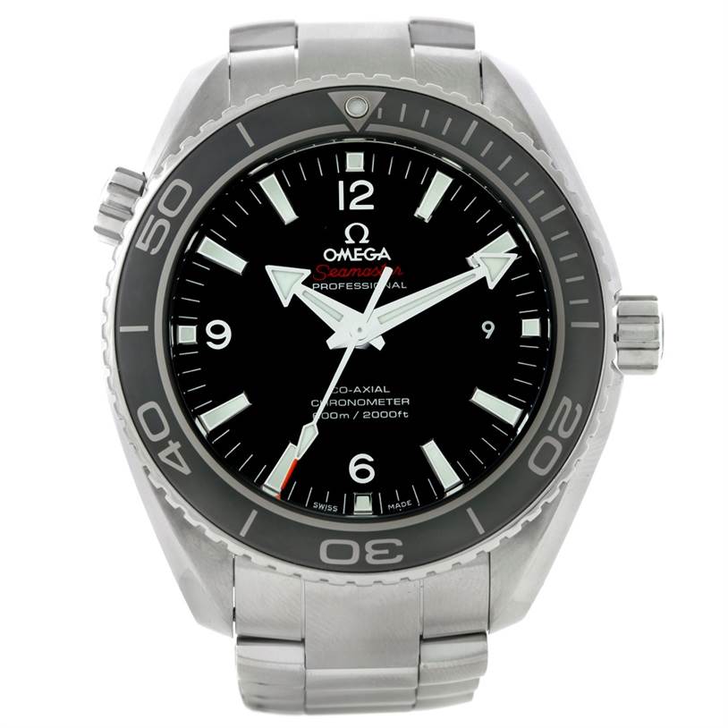 This image shows a front view of the Omega Planet Ocean 232.30.46.21.01.003 Men
s Stainless Steel Black Dial 232.30.46.21.01.003 Men
s Stainless Steel Black Dial model watch, highlighting its dial, bezel, and bracelet.