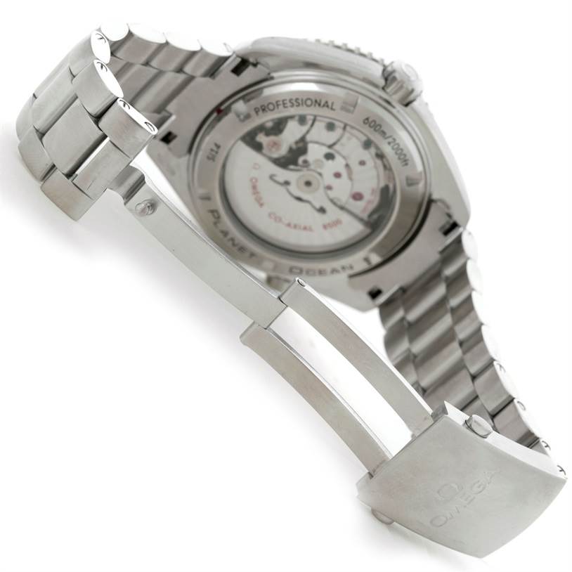 The image shows the back and bracelet clasp of the Omega Planet Ocean 232.30.46.21.01.003 Men
s Stainless Steel Black Dial 232.30.46.21.01.003 Men
s Stainless Steel Black Dial watch, highlighting its open deployment clasp and partial case back.