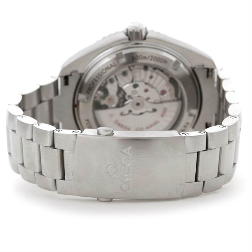 The image shows the back and bracelet of the Omega Planet Ocean 232.30.46.21.01.003 Men
s Stainless Steel Black Dial 232.30.46.21.01.003 Men
s Stainless Steel Black Dial watch, highlighting the clasp and transparent case back.