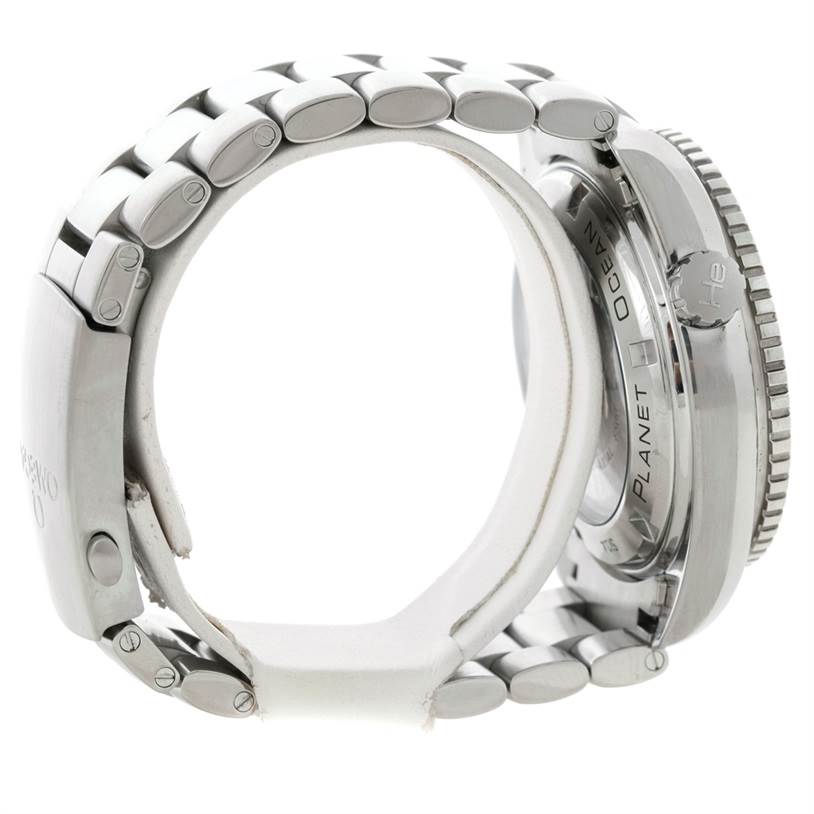 The image shows a side view of the Omega Planet Ocean 232.30.46.21.01.003 Men
s Stainless Steel Black Dial 232.30.46.21.01.003 Men
s Stainless Steel Black Dial watch, highlighting its metal bracelet and case back.