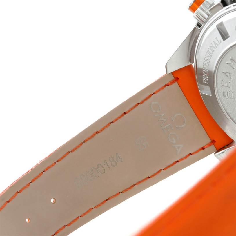 The image shows the back side view of the Omega Planet Ocean 2918.50.83 Men's Stainless Steel Black Dial 2918.50.83 Men's Stainless Steel Black Dial watch, focusing on its orange strap and partial case back.