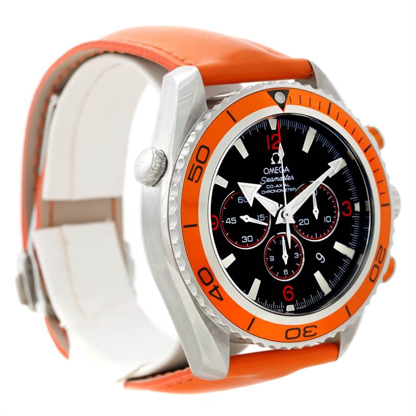 The Omega Planet Ocean 2918.50.83 Men's Stainless Steel Black Dial 2918.50.83 Men's Stainless Steel Black Dial watch is shown at an angled side view, featuring the orange bezel, dial, and chronograph subdials.