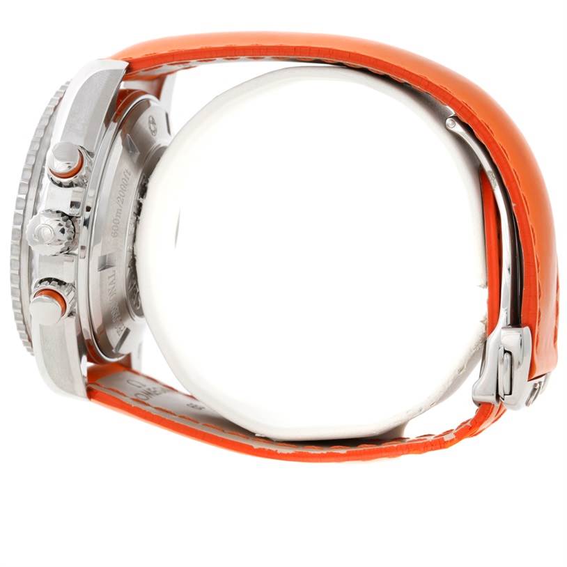 The image shows the side and back of an Omega Planet Ocean 2918.50.83 Men's Stainless Steel Black Dial 2918.50.83 Men's Stainless Steel Black Dial watch with an orange strap and visible crown and pushers.