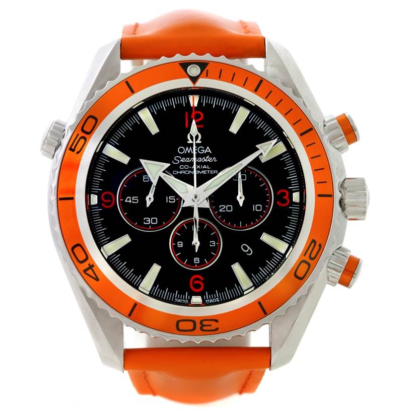 The front view of the Omega Planet Ocean 2918.50.83 Men's Stainless Steel Black Dial 2918.50.83 Men's Stainless Steel Black Dial model shows the watch face, orange bezel, and orange strap.