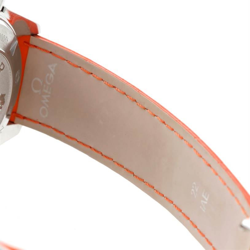 The image shows the underside of the strap and the partial view of the case back of an Omega Planet Ocean 2918.50.83 Men's Stainless Steel Black Dial 2918.50.83 Men's Stainless Steel Black Dial watch.