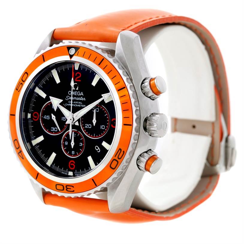 The image shows an Omega Planet Ocean 2918.50.83 Men's Stainless Steel Black Dial 2918.50.83 Men's Stainless Steel Black Dial watch at a slight angle, highlighting the orange bezel, crown, and chronograph pushers.