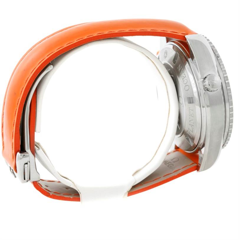 The image shows a side view of the Omega Planet Ocean 2918.50.83 Men's Stainless Steel Black Dial 2918.50.83 Men's Stainless Steel Black Dial watch, highlighting its orange strap and crown.