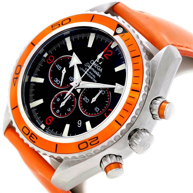 The image shows a side angle of the Omega Planet Ocean 2918.50.83 Men's Stainless Steel Black Dial 2918.50.83 Men's Stainless Steel Black Dial watch, highlighting its face, bezel, crown, and pushers.