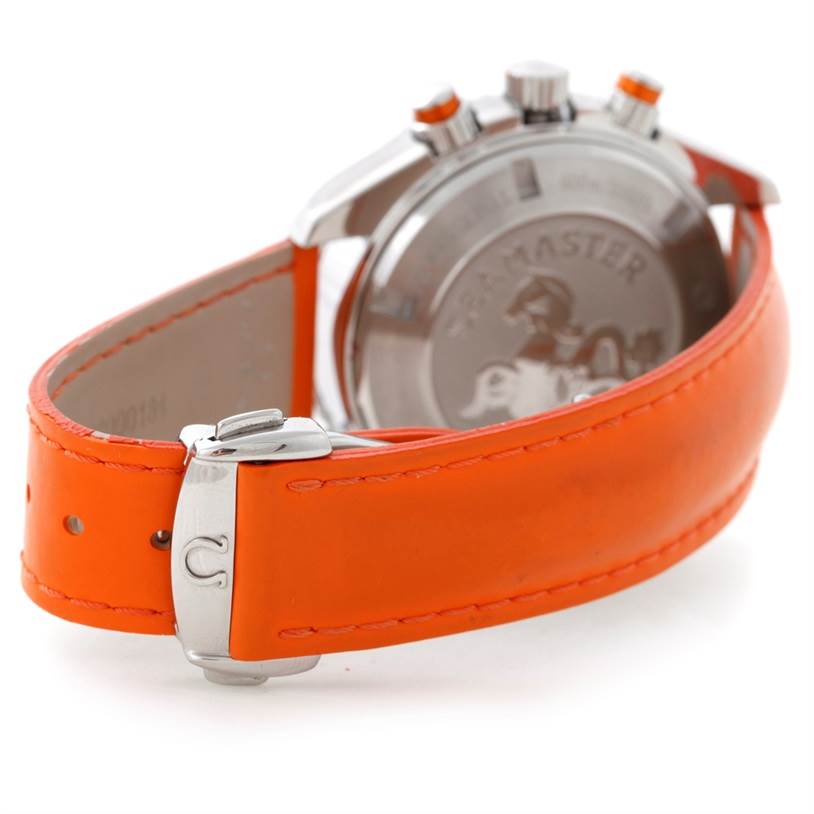 The image shows the back of the Omega Planet Ocean 2918.50.83 Men's Stainless Steel Black Dial 2918.50.83 Men's Stainless Steel Black Dial watch with an orange strap and visible buckle.