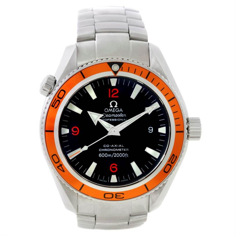 The image shows a frontal view of the Omega Planet Ocean 2209.50.00 Men
s Stainless Steel Black Dial 2209.50.00 Men
s Stainless Steel Black Dial watch, highlighting the face, bezel, and bracelet.