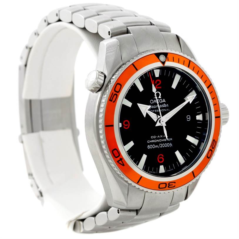 The Omega Planet Ocean 2209.50.00 Men
s Stainless Steel Black Dial 2209.50.00 Men
s Stainless Steel Black Dial watch is shown from a three-quarter angle, displaying the face, bezel, and part of the bracelet.