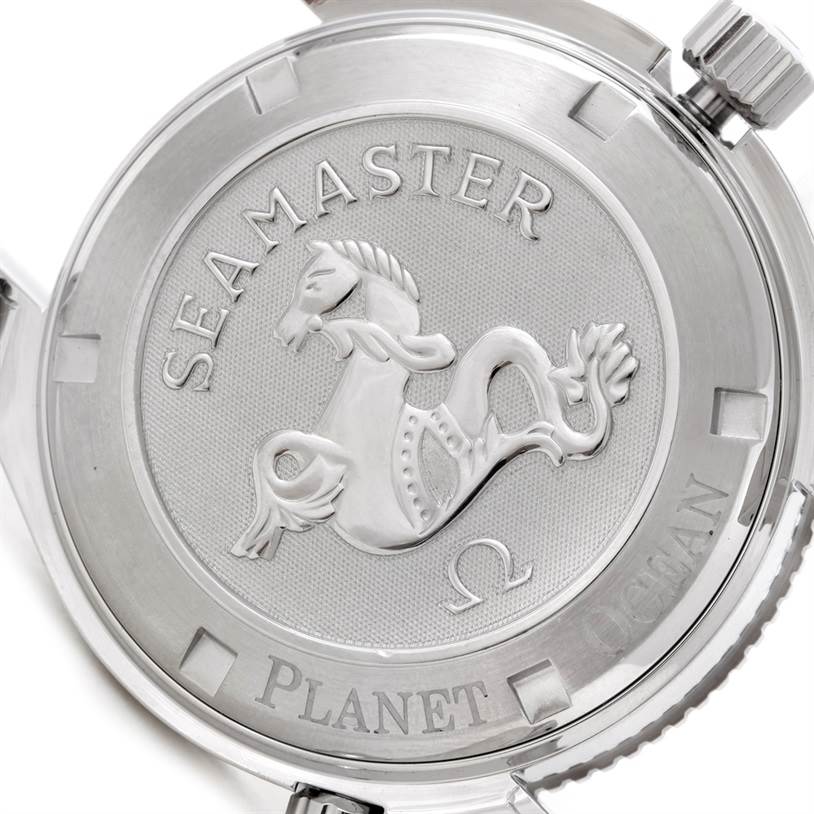 This image shows the case back of the Omega Seamaster Planet Ocean watch, featuring its engraved logo.