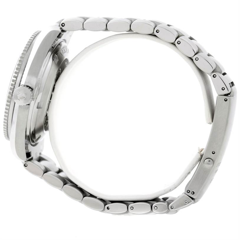 The image shows a side profile view of the Omega Planet Ocean 2209.50.00 Men
s Stainless Steel Black Dial 2209.50.00 Men
s Stainless Steel Black Dial watch, highlighting its metal bracelet and case.