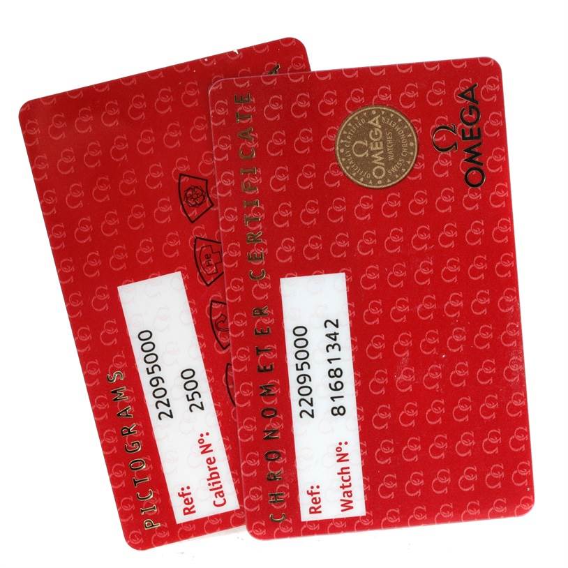 This image shows two red pictograms and chronometer certification cards for the Omega Planet Ocean 2209.50.00 Men
s Stainless Steel Black Dial 2209.50.00 Men
s Stainless Steel Black Dial model.