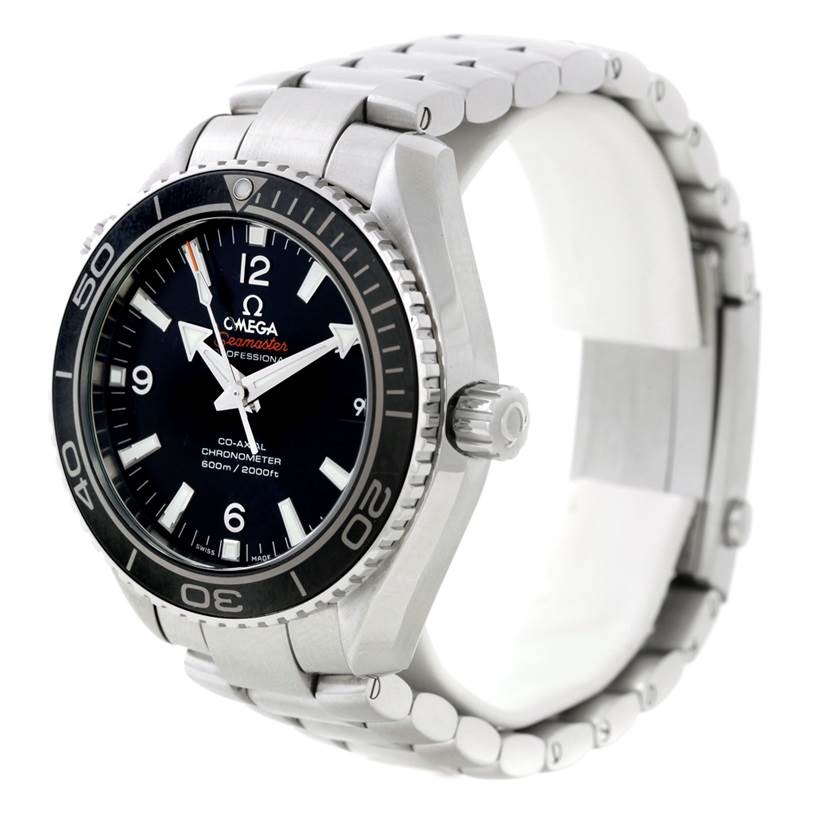 This Omega Planet Ocean 232.30.42.21.01.003 Men's Stainless Steel Black Dial 232.30.42.21.01.003 Men's Stainless Steel Black Dial watch is shown at a 3/4 angle, displaying the face, bezel, crown, lugs, and part of the metal bracelet.